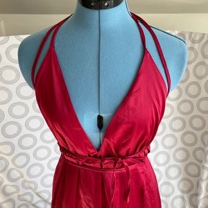 Satin effect plunging neckline multi-way adjustable formal dress